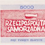Cegiełka na fundusz wyborczy Komitetu Obywatelskiego Solidarność – Radomsko 1990 r., 5000 zł