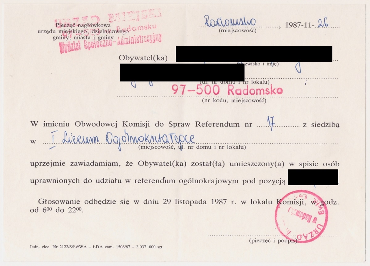 Dokument z referendum ogólnokrajowego z 1987 roku
