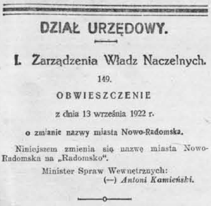 Nowo-Radomsk zmienia się w Radomsko. Dokument z 1922 roku