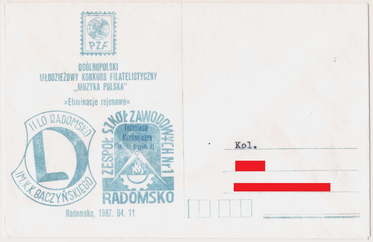 Pamiątka – koperta z 1987 roku – Ogólnopolski Młodzieżowy Konkurs Filatelistyczny – II LO i ZSZ nr 1