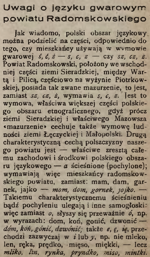 „Uwagi o języku gwarowym powiatu Radomskowskiego” – artykuł z 1926 roku